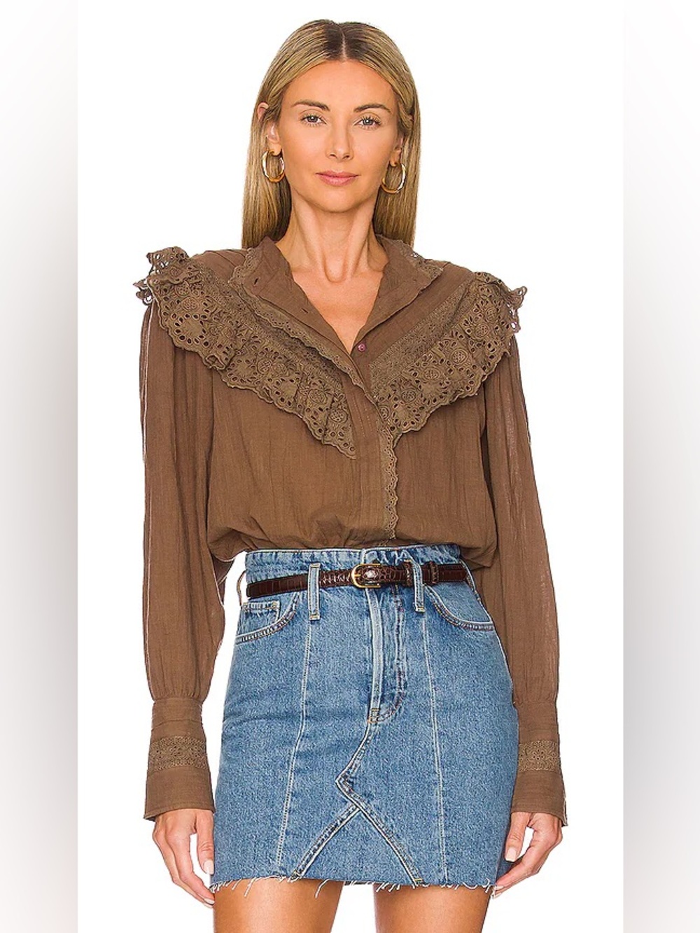 Free People Hit The Road Button Down Medium Brown Cotton Lace Ruffle Fall Blouse